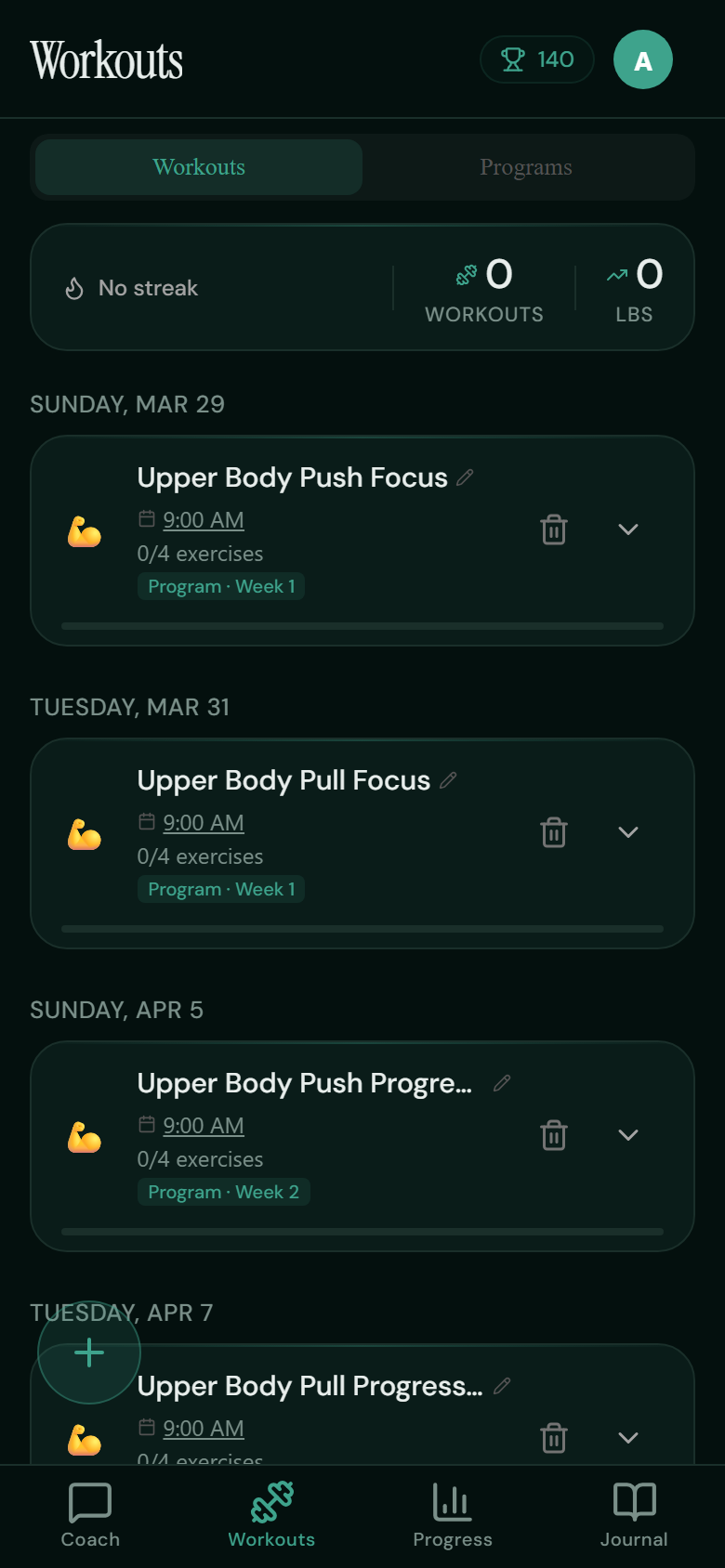 Scheduled workouts with program tags